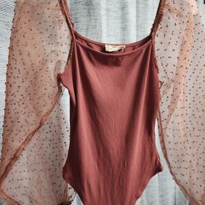 Altar'd State Rust Bodysuit with Sheer Polka Dot Sleeves
